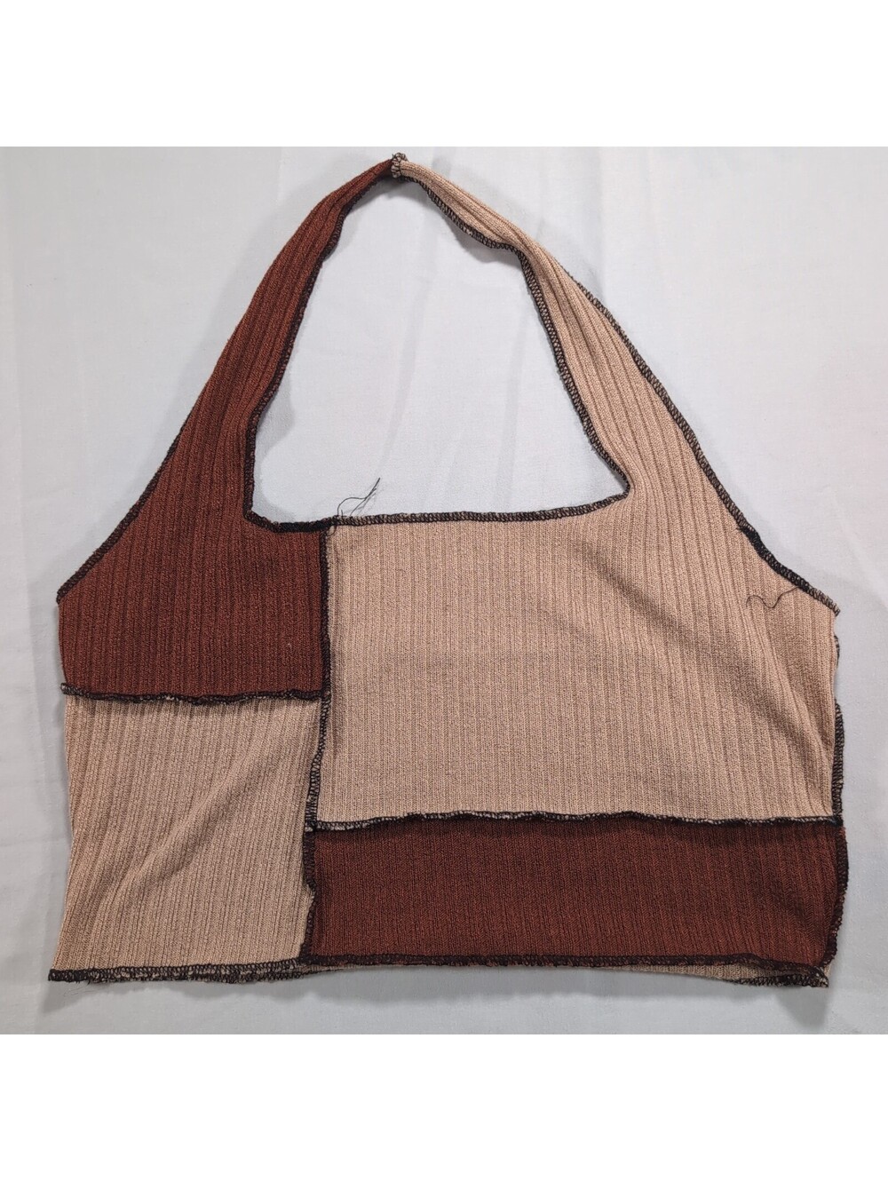 Brown Neutral Patchwork Ribbed Halter Crop Top
